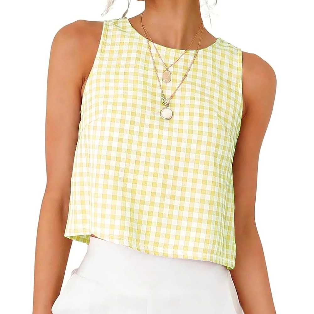 NWT Yellow Gingham Tank Top Women Cotton Plaid Button Back Crop Blouse XS